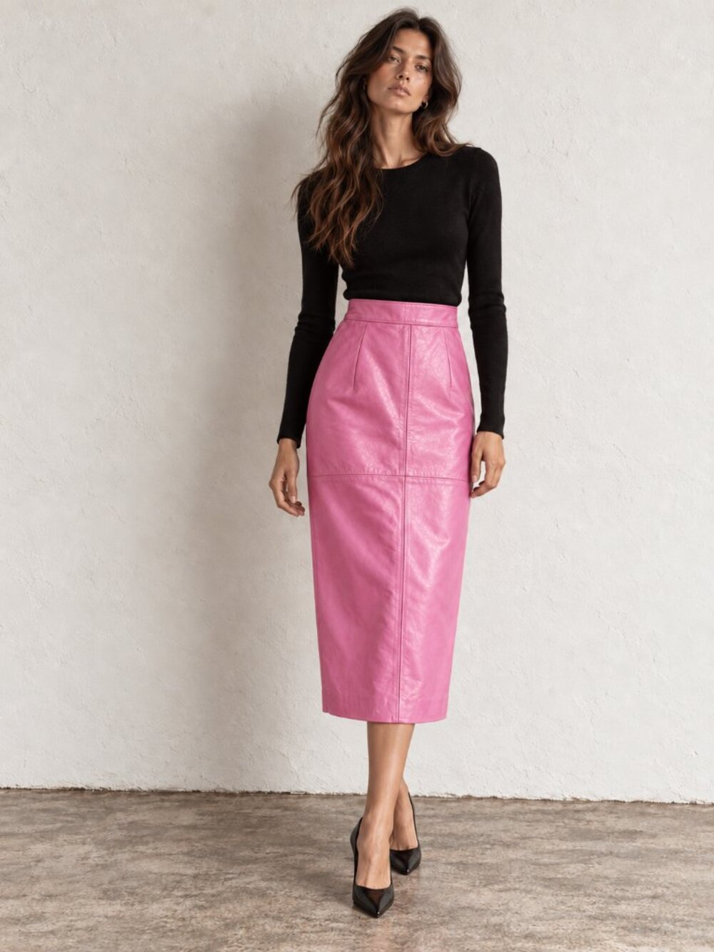 Vintage Pink Leather Pencil Skirt | Long Midi Maxi Neto